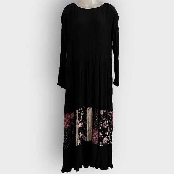 Vintage Black Modest Boho Floral Patches Long Sleeved Maxi Casual Hippie Dress - Picture 5 of 11